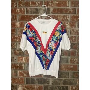 Vintage Hawaiian Floral Banded Shirt Large Beach Coconut Girl Spring Break Retro